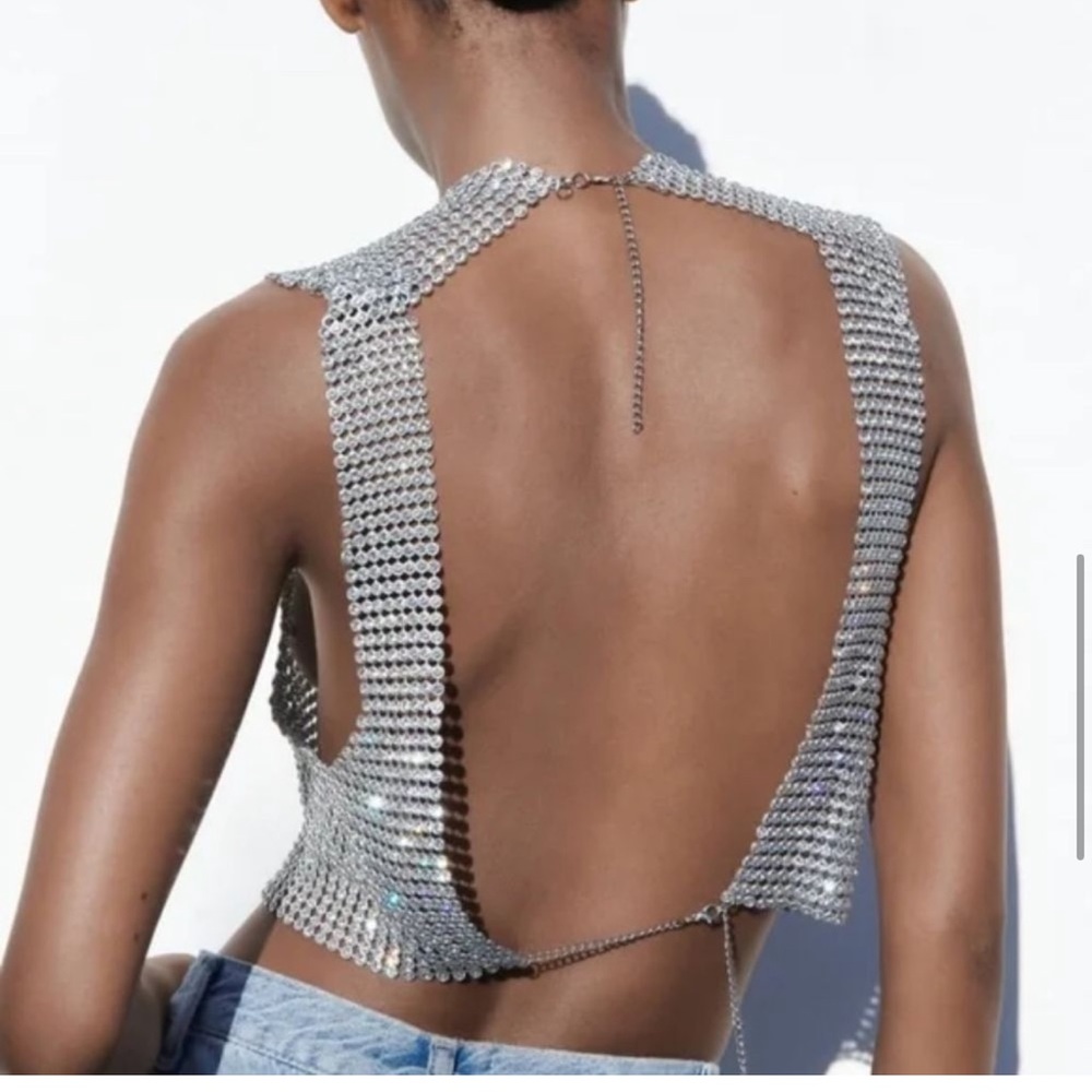 ZARA Rhinestone Open Back Top | Silver - Picture 7 of 12